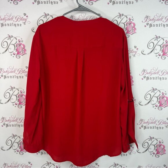 Adrianna Papell long sleeve bright Vibrant Red Blouse silver details buttons - Picture 2 of 9